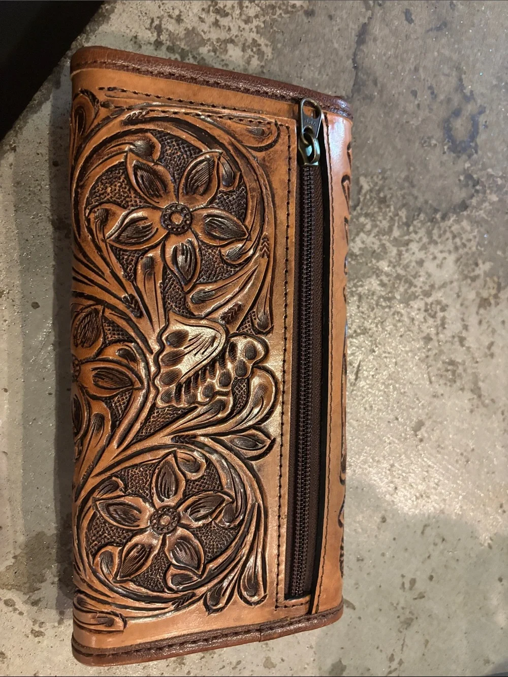 American Darling Hand-Tooled Brown Leather Wallet - Classic Floral Design-